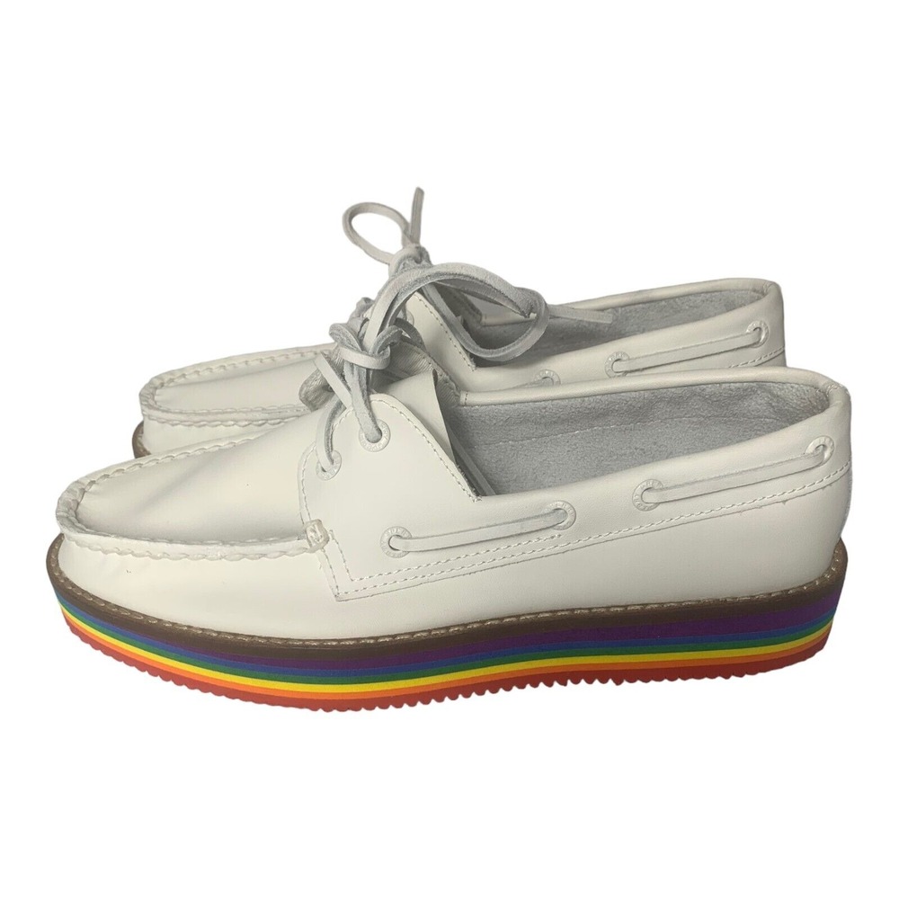 Sperry Top-Sider Women White Leather Rainbow Platform Boat Shoes STS87613 Size 5